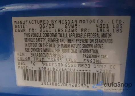 2020 Nissan Sentra Sv Xtronic Cvt z USA, uszkodzony, nr VIN 3N1AB8CV0LY281976